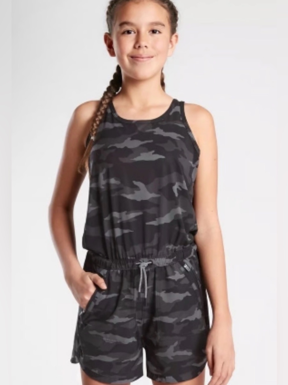 Athleta Girl On the Go Romper Black Camo Size Large